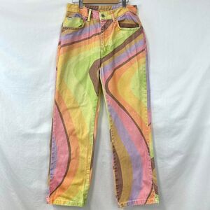 THE RAGGED PRIEST Rainbow Striped High Rise Wide Leg Denim Jeans Womens 28 Retro